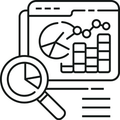 Line art icon of data analysis with a magnifying glass and charts, representing market research, business, and financial analytics for technology