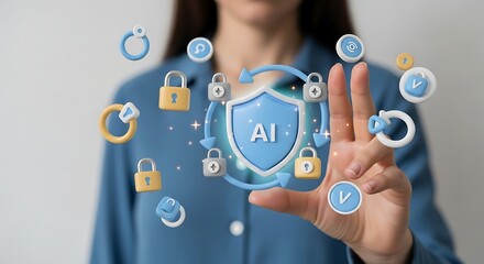AI Security Concept with Floating Icons and a Hand