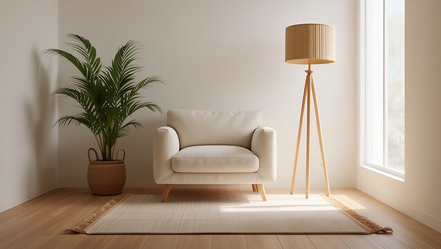 Serene Minimalist Living Room: Cream Armchair, Wooden Floor Lamp, and Natural Plant Accents.