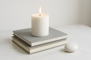 Minimalist White Soy Candle on Gray Notebooks with Ceramic Pebble on Marble Surface