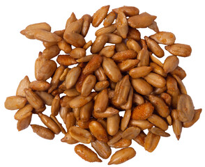 A handful of peeled sunflower seeds in teriyaki sauce on a white background, top view