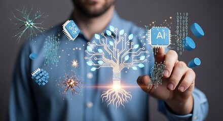 Futuristic AI Concept with Neural Network and Circuitry Tree