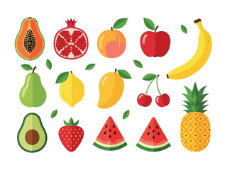 Colorful Fruits: A vibrant illustration showcases a variety of fresh and healthy fruits, including papaya, pomegranate, apricot, apple, banana, pear, lemon, mango, cherry, avocado, strawberry.