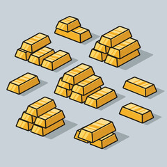 Illustration of multiple stacks and single bars of shiny gold bullion on a gray background.