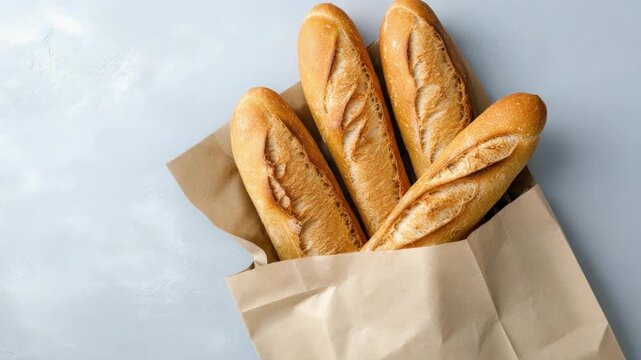 A bunch of freshly baked baguettes wrapped in a brown paper bag, perfect for sandwiches or snacks