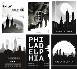 Philadelphia, Pennsylvania USA city poster pack, black and white flyers with landmarks and text. Travel vector illustration collection for print, brochure, leaflet, web, page, presentation, book