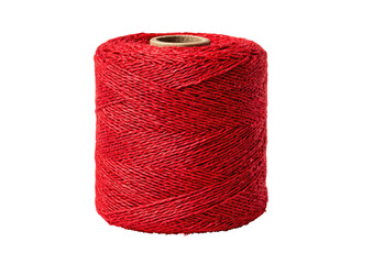 A spool of vibrant red twine.  The twine is tightly wound around a light brown wooden spool, creating a cylindrical shape