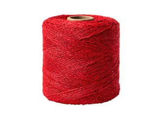 A spool of vibrant red twine.  The twine is tightly wound around a light brown wooden spool, creating a cylindrical shape