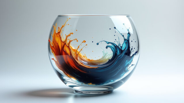 Glass sphere with swirling liquid staged as symbolic still life representing fragility hazard and miniature disaster scene