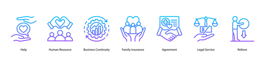 Help & Benefit web banner icon vector illustration featuring Help, Human Resource, Business Continuity, Family Insurance, Agreement, Legal Service, and Relieve.