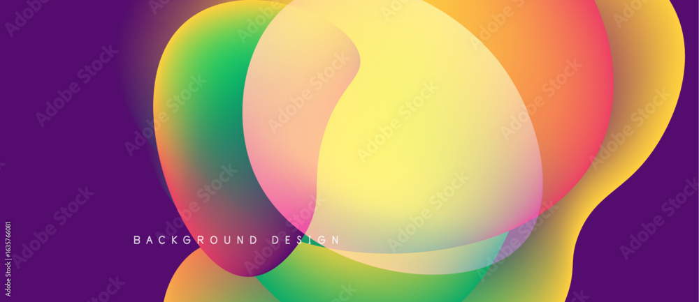 Poster abstract colorful shapes overlap, creating vibrant gradients. purple background complements flowing 