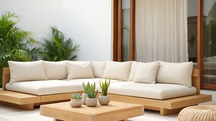 Serene Minimalist Outdoor Patio: Modern Light Wood Sectional Sofa with Cream Cushions and Succulents.
