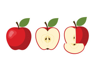 Sweet Red Apple Trio: A vibrant, eye-level shot of a fresh red apple, presented in a set of three distinct styles – whole, sliced in half, and partially sliced.
