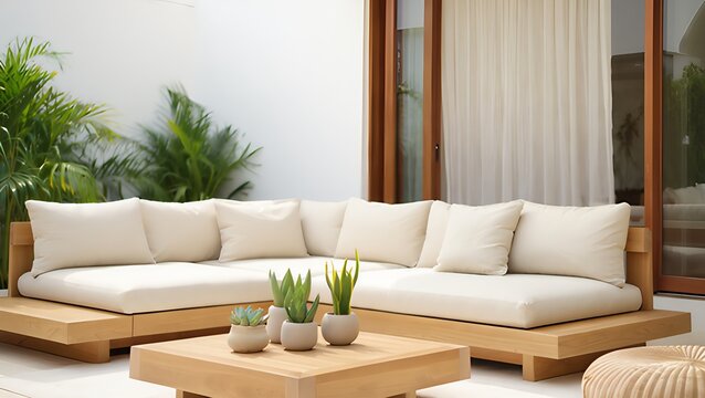 Serene Minimalist Outdoor Patio: Modern Light Wood Sectional Sofa with Cream Cushions and Succulents.