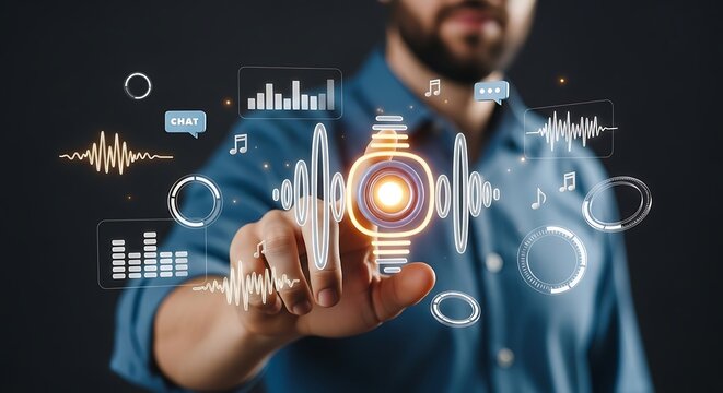 Man Interacting with Holographic Interface Displaying Audio Waves and Data Visualizations