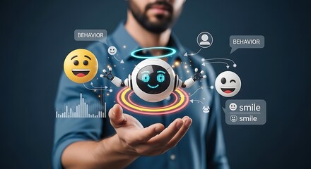Man's Hand Holding AI Robot with Emoji and Behavior Concept Illustration