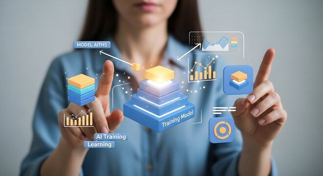 Woman Interacting with AI Training Model Interface, Futuristic Data Visualization.