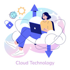 Woman Engaging with Cloud Technology Vector Illustration