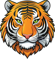 Cartoon illustration of a tiger's head, featuring orange fur with black stripes and piercing green eyes.