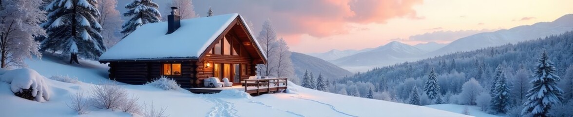 Cozy cabin nestled in a snowy landscape, perfect for a winter retreat Large windows offer stunning views of frosted trees and a tranquil atmosphere , escape, tranquil
