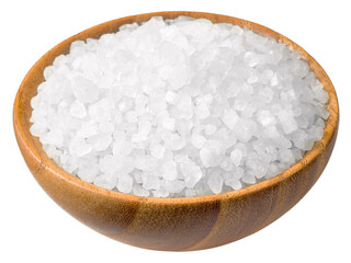 Coarse salt in the wooden bowl, isolated on white background.