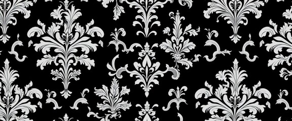 Elegant black and white baroque floral damask wallpaper pattern , textile, background