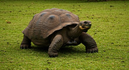 Obraz premium A giant tortoise on a grassy field in the Galapagos Islands, showcasing its textured shell and skin. - captured in perfect lighting