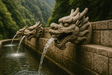Fototapeta premium A row of intricately carved stone dragon heads functioning as fountains, spouting water into a long stone basin. Set against a lush green forest, the scene depicts traditional East Asian artistry