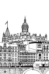 Fototapeta premium Edinburgh, UK Scotland black and white coloring page for adults. European city, cityscape, buildings, bridge, landmarks, cathedral, castle vector outline doodle sketch for anti stress color book