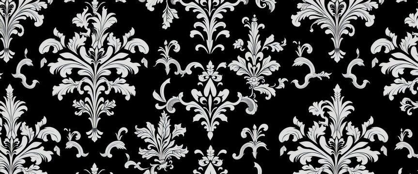 Elegant black and white baroque floral damask wallpaper pattern , textile, background