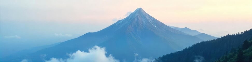 A solitary, majestic mountain peak shrouded in mist, untouched by human presence; a scene of serene, isolated natural beauty ,  peaceful,  outdoor