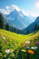Serene mountain meadow bathed in sunlight, wildflowers blooming, clear blue sky above A picturesque landscape perfect for relaxation and contemplation , green grass, pastoral