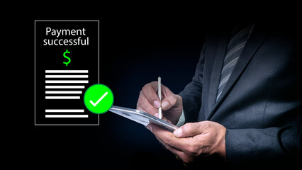 Payment successful concept with man using banking application on smartphone to payment transfer....