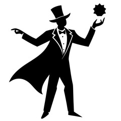 Black silhouette magician performing with star white