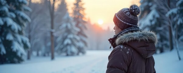 A contemplative figure bundled in winter wear, gazing out at a snowy January landscape The scene evokes feelings of solitude and the quiet beauty of a cold season , scene, february