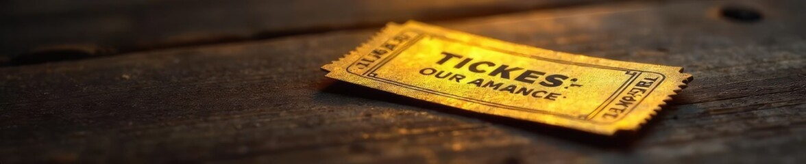 A single, golden ticket rests on a rustic wooden surface, illuminated by a warm, inviting light The ticket gleams, promising adventure and excitement , light, item