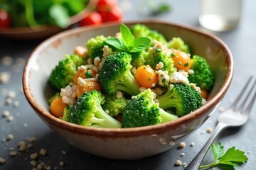 A vibrant bowl of broccoli salad, featuring fresh broccoli florets, crunchy vegetables, and a creamy dressing Perfect for a healthy and delicious meal or side dish , walnuts, tasty