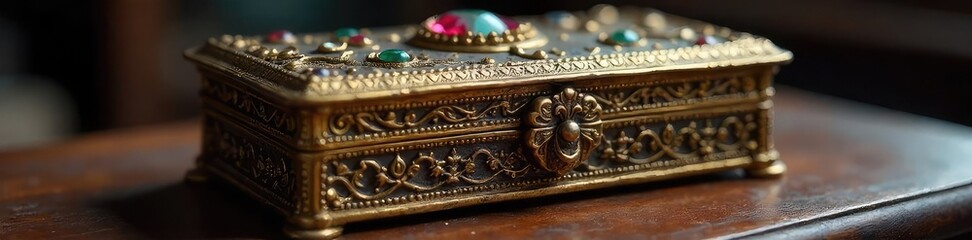 A vintage, ornate jewelry box catches the light, its surface shimmering with faded gold and embedded jewels, hinting at forgotten treasures and bygone elegance , opulent, sparkle, light