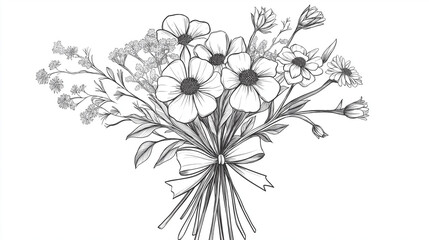 A detailed monochrome sketch of a bouquet of flowers tied with a ribbon on a white background