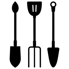 Black silhouettes of garden implements gardening tools