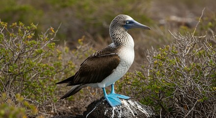 A blue-footed booby perched on a rock in the Galapagos Islands, showcasing its vibrant blue feet and natural habitat. Sula nebouxii. - captured in perfect lighting