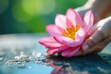 Close-up of delicate petals being gently caressed, evoking a sense of tranquility and natural beauty  Perfect for spa, wellness, or aromatherapy themes ,  colorful,  detail