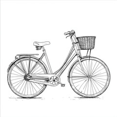 Detailed line drawing of a bicycle with a basket on the front in black and white illustration style