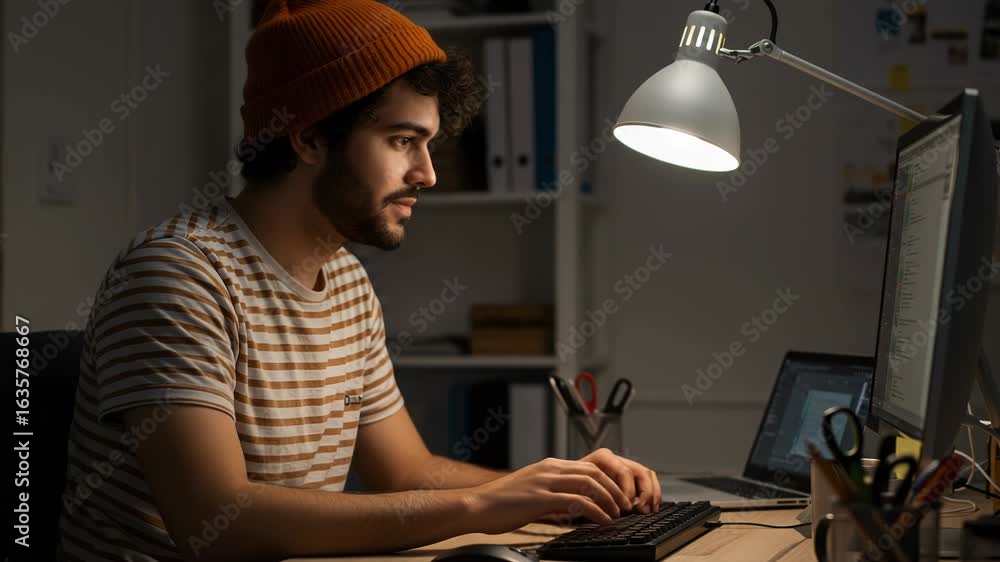 Poster man wearing an orange beanie working late at night on a computer, typing on the keyboard with a desk
