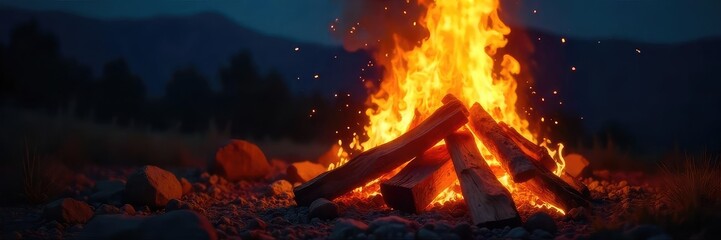Close-up shot of a roaring bonfire at night, embers glowing brightly against the dark sky Perfect for illustrating concepts of warmth, energy, power, and destruction , heat, dark