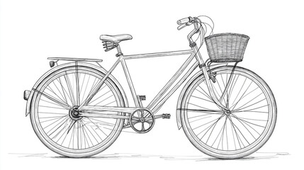 Detailed sketch of a bicycle with a basket attached to the front on a white background