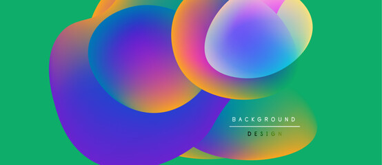 Abstract colorful shapes overlap vibrant green backdrop. Modern design elements create dynamic visual impact. Smooth gradients enhance aesthetic appeal.