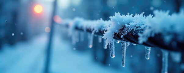 Close-up of frost forming on exposed electrical wires, icy blue hues dominate the scene, highlighting the contrast between cold and energy , wire, frigid