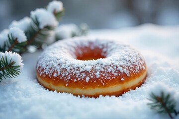 A frosted doughnut sits in the snow, surrounded by winter branches The scene evokes a cozy, wintery treat Perfect for holiday baking blogs or winter food imagery , wintertime, food, baking