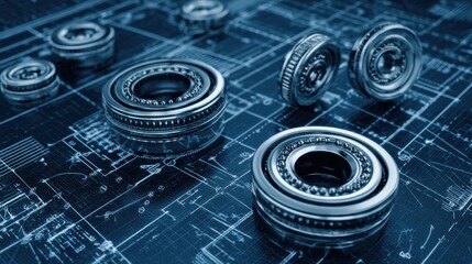 Obraz premium Close-Up of Ball Bearings with Engineering Blueprint Background